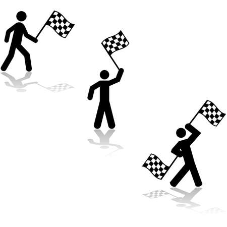 Icon set showing a person waving race flags at the conclusion of a competitionのイラスト素材