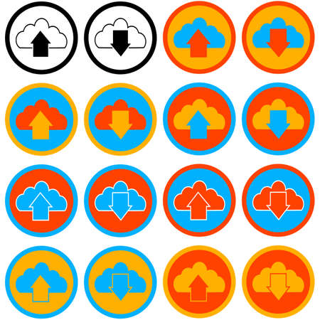 Flat icon set showing a cloud with an arrow up and another down and different color combinationsのイラスト素材