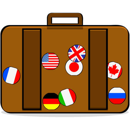 Cartoon illustration showing a suitcase with badges of different countriesのイラスト素材