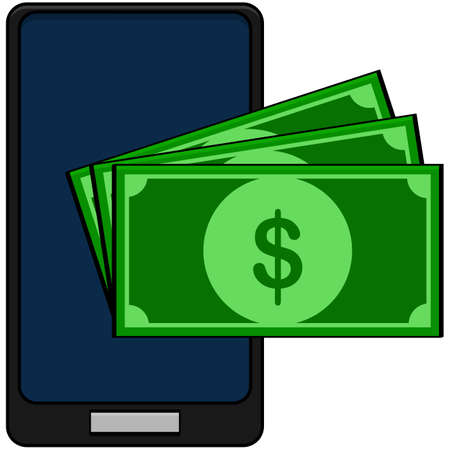 Concept cartoon illustration showing three bills on top of a phone, to implicate mobile paymentのイラスト素材