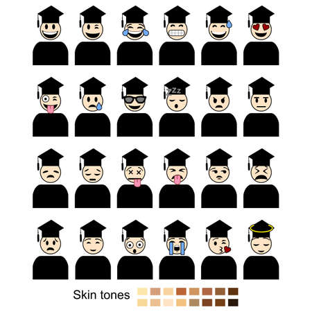 Icon set showing different facial expressions and emotions shown by students graduating. Includes different skin tones for easy customization.のイラスト素材