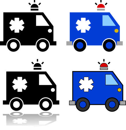 Icon set showing an illustration of an ambulance represented in different stylesのイラスト素材