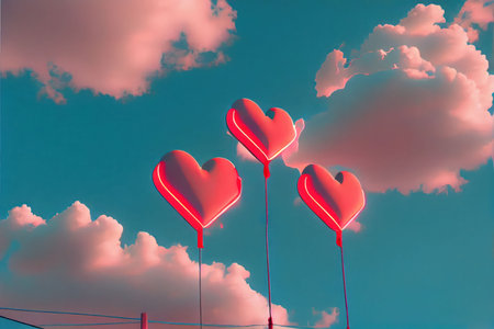 Red heart shaped balloons in the sky with clouds, valentines day background