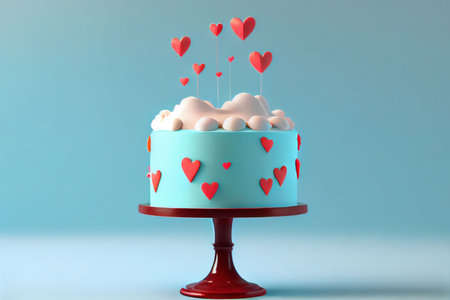 Valentines Birthday cake with hearts on a blue background. 3d renderingの写真素材