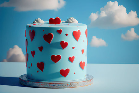 Valentines cake with hearts on blue sky background. 3d rendering