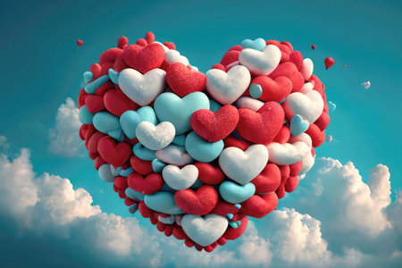 Heart shaped balloons on blue sky background. Valentine's day concept. 3D Rendering