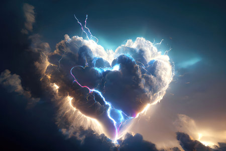 Heart shaped cloud with lightning in the night sky. 3D rendering