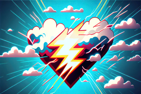 Valentine's day Heart with lightning and clouds on blue background.の写真素材