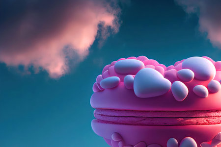 Pink macaroon with hearts on blue sky background. 3d rendering