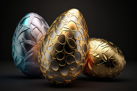 Golden and silver easter eggs on black background. 3d illustrationの素材