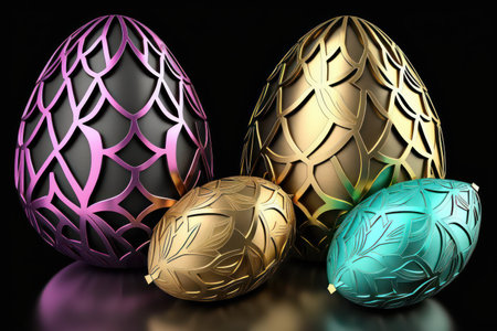 Golden and silver Easter eggs on black background. 3D illustration.の素材