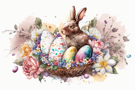 Easter bunny with Easter eggs in basket. Watercolor hand drawn illustrationの素材