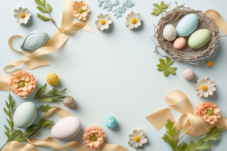 Easter eggs with ribbons and flowers on blue background, flat layの素材