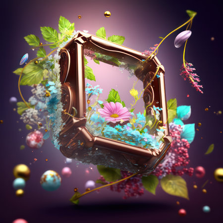 3d illustration of a golden frame with flowers and butterflies on a dark backgroundの素材