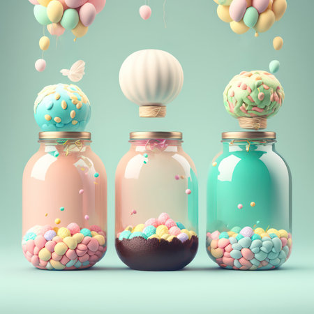 3d render of colorful candies in a glass jar. Sweet concept.の素材