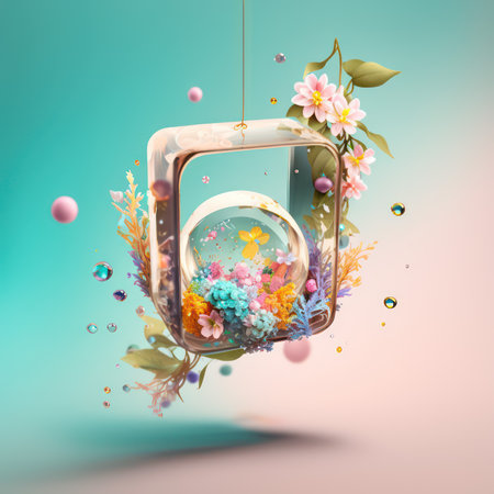 3d illustration of abstract composition with flowers in a glass bowl.の素材