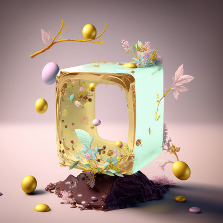 Letter D in the form of an alphabet with flowers and eggs. 3d illustrationの素材
