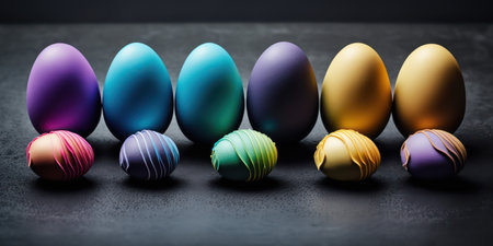 Colorful easter eggs on black background. Happy Easter concept.の素材