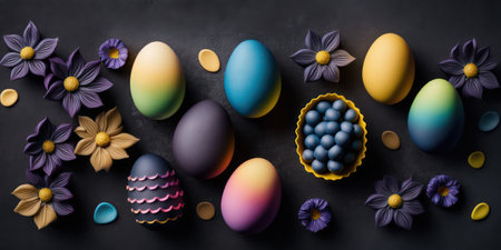 Colorful easter eggs with flowers on black background. happy easterの素材