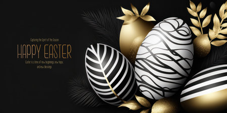 Happy Easter background with black and gold eggs and palm leaves. Vector illustration.の素材
