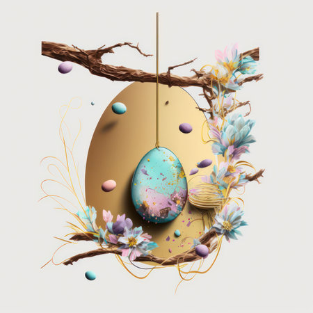 Easter egg with branch and flowers on white background. Vector illustration.の素材