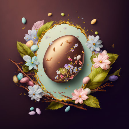 Easter card with chocolate egg and spring flowers. Vector illustration.の素材