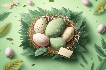 Easter eggs in nest with green leaves. 3D illustration.の素材