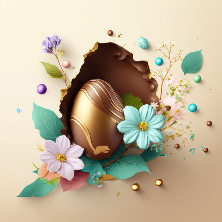 Easter background with chocolate eggs, flowers and leaves. Vector illustration.の素材