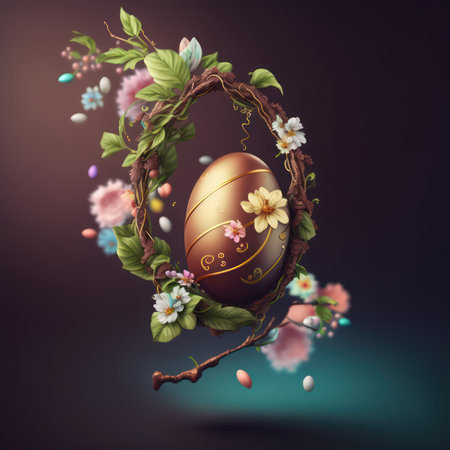 Easter egg with floral wreath on dark background. 3d renderの素材
