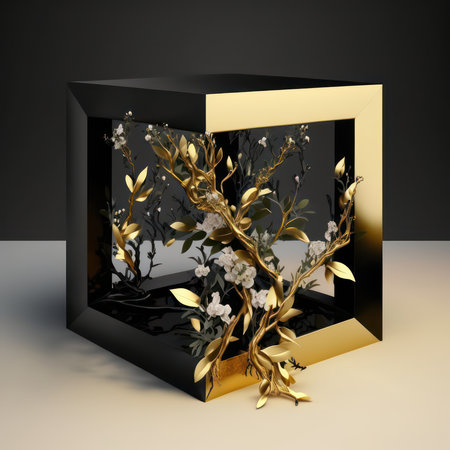 3d render of a black box with gold flowers and leaves insideの素材