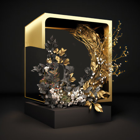 3d illustration, black background, gold box with flowers, 3d renderingの素材