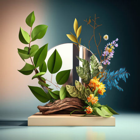 3d render, abstract composition with plants and leaves, modern backgroundの素材