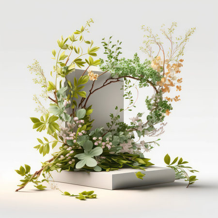3D rendering of a simple flower podium with plants and flowers.の素材