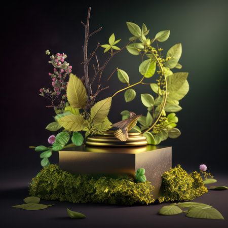 3d render of golden pedestal with green leaves and flowers on dark backgroundの素材