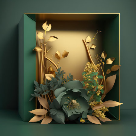 3d render, abstract background with geometric shapes, plants and gold frameの素材