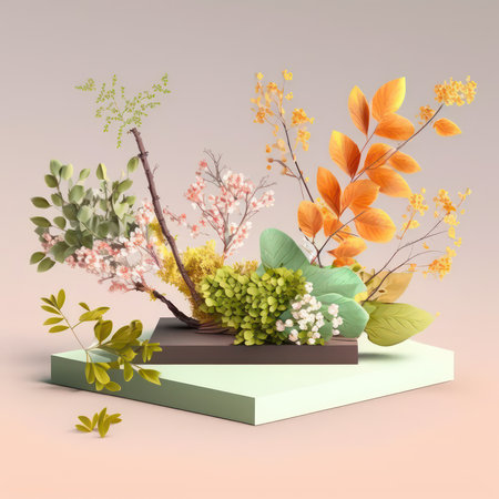 3d render, abstract background with flowers, leaves and plants.の素材