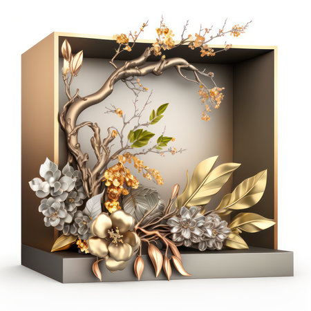3d illustration of a gift box with gold and silver flowers.の素材