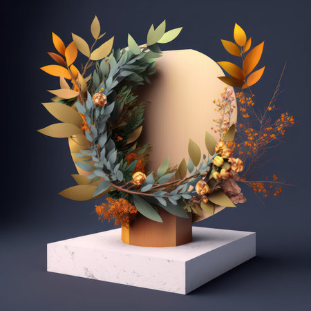 3d render of podium for product presentation with wreath of autumn leavesの素材