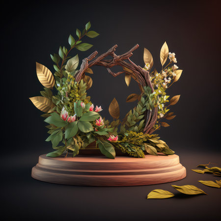 Wooden pedestal with beautiful flowers and leaves. 3d renderの素材