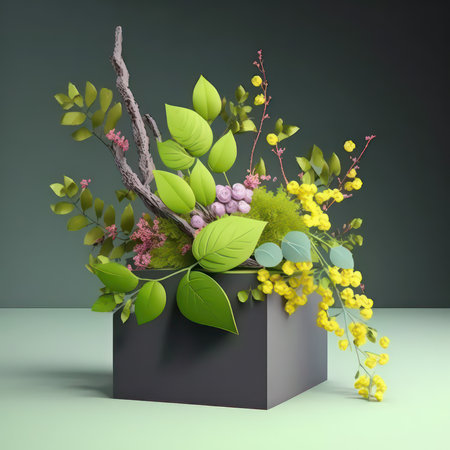 3d illustration of a flower arrangement in a box on a dark backgroundの素材