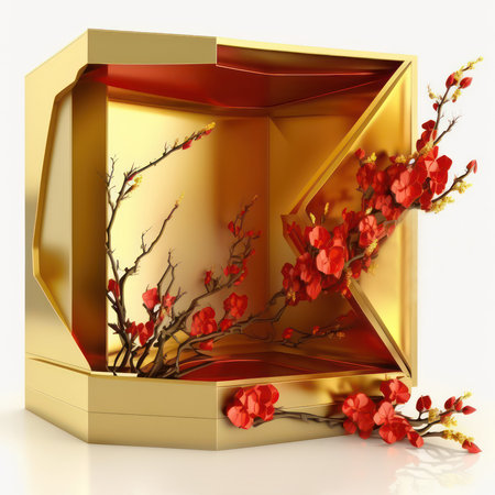 Chinese New Year. Gold box with flowers on a white background.の素材