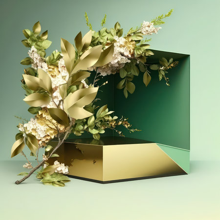 3d render of gift box with white and golden flowers on green backgroundの素材