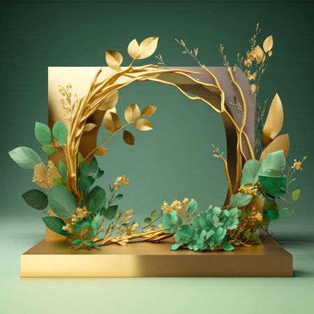 3d render, abstract background with golden leaves and plants. luxury display podiumの素材