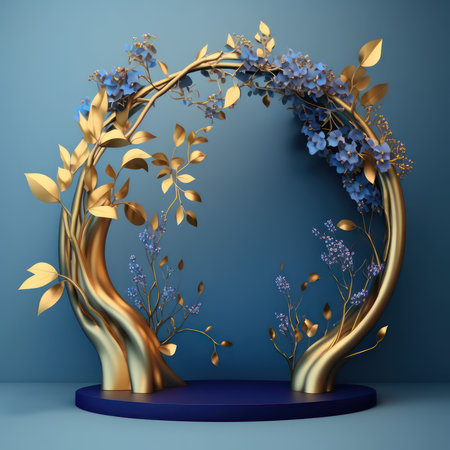 3d render, abstract background, blue and gold color, round podium with floral decorationの素材
