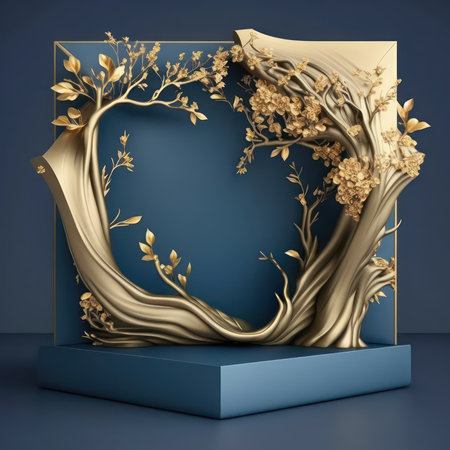 3d render, abstract background with gold leaves, floral frame on blue backgroundの素材
