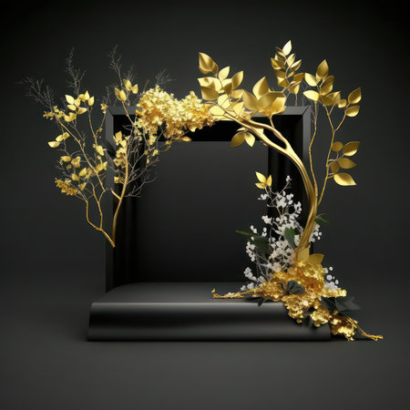 Black podium with golden leaves and flowers on black background. 3d renderの素材