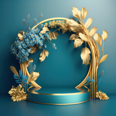 3d render of blue background with gold podium and floral composition.の素材