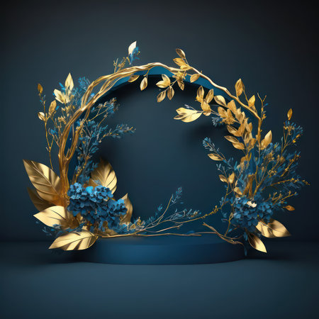 3d render, abstract blue background with golden floral wreath and podium.の素材