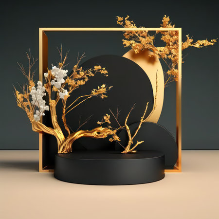 3d render, abstract background, podium for product presentation, minimal scene with golden leaves and flowersの素材