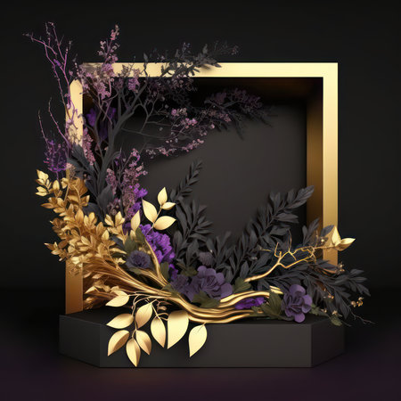 3d render, black background with golden frame, purple flowers and golden leavesの素材